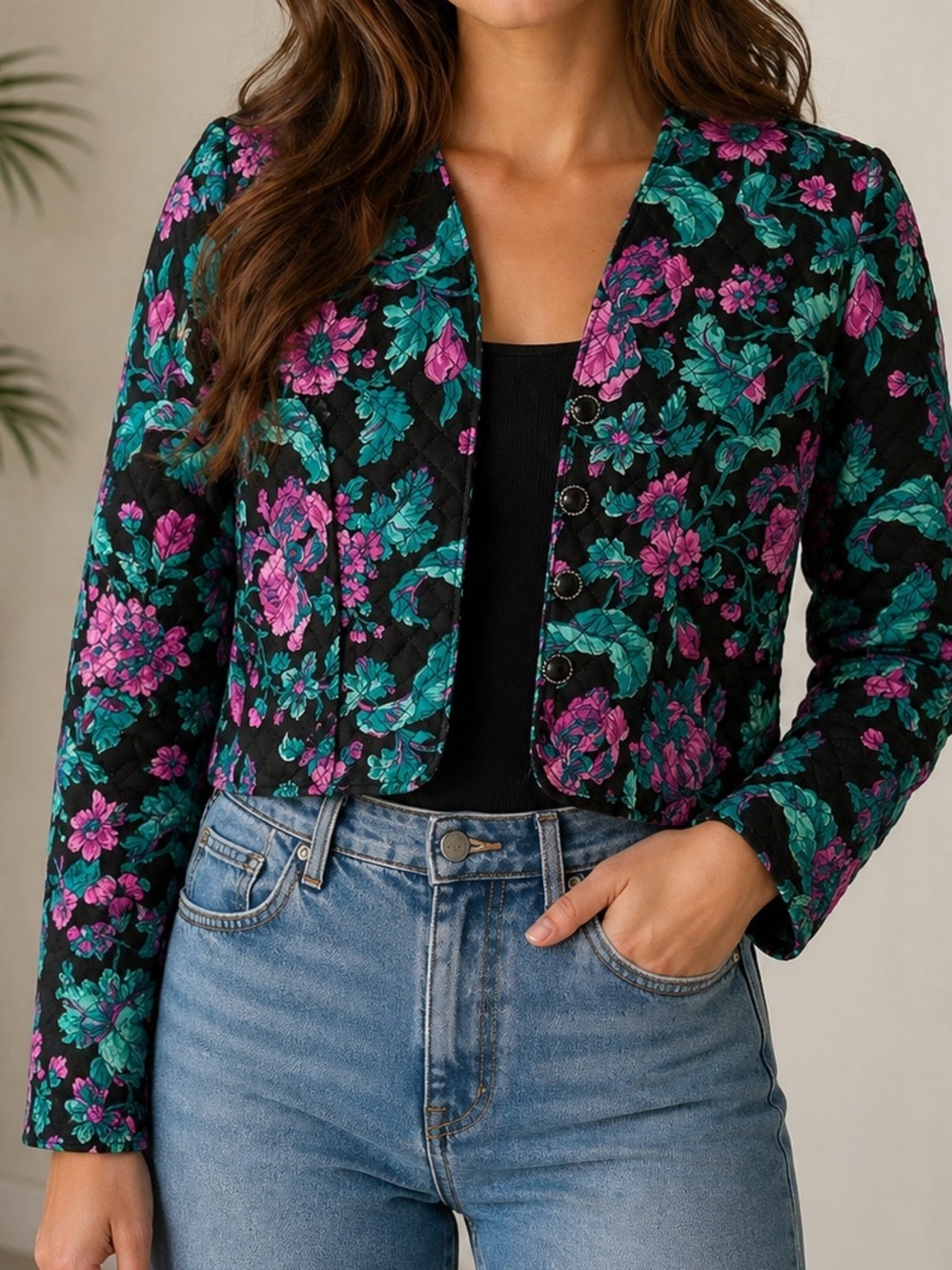 VTG Lanz Cropped Quilted Floral Jacket SZ 8 Black Purple Prairie Cottagecore